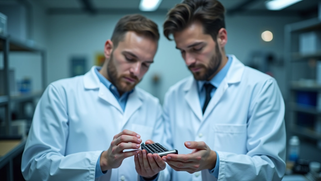 Inženieri un zinātnieki laboratorijā strādā ar bateriju prototipu testēšanu