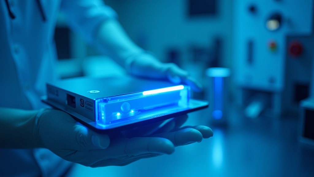 Modernas bateriju sistēmas ar zilu LED gaismu laboratorijas vidē