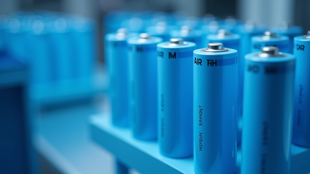 Modernu litija jonu bateriju šūnas rindā ar zilu un baltu krāsu shēmu uz laboratorijas stenda