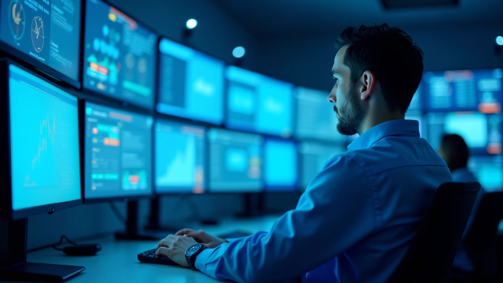 Modernā elektrotīkla vadības centrs ar monitoriem un kontroles paneliem