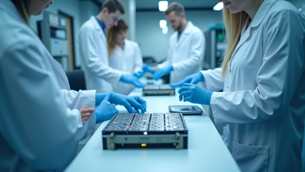 Pētniecības laboratorija ar cietvielu bateriju prototipiem uz darba galda ar vēdināšanas iekārtām